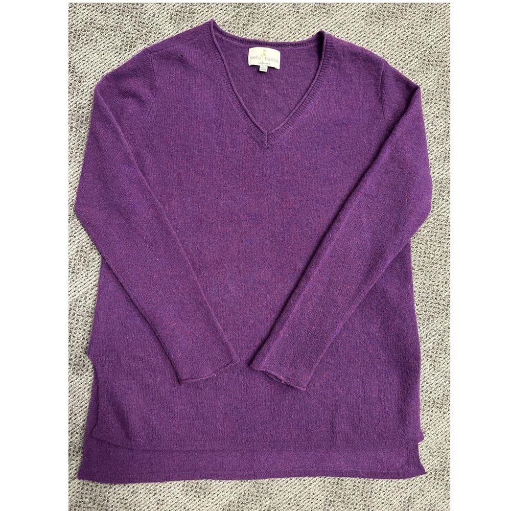 Belle France Cashmere Sweater Womens Small Purple V-Neck High-Low Hem Pullover